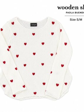 Wooden Ships Mini Hearts S/M Ivory Red Mohair Wool Sweater